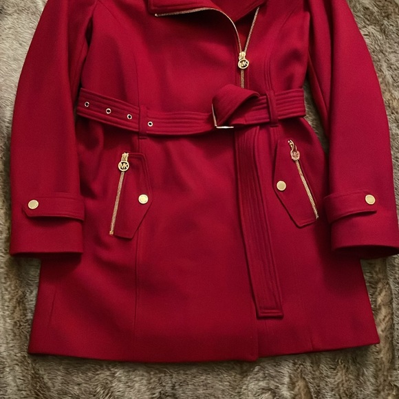 Michael Kors Red Wool Blend Belted Zip Front Coat PM - Picture 4 of 16